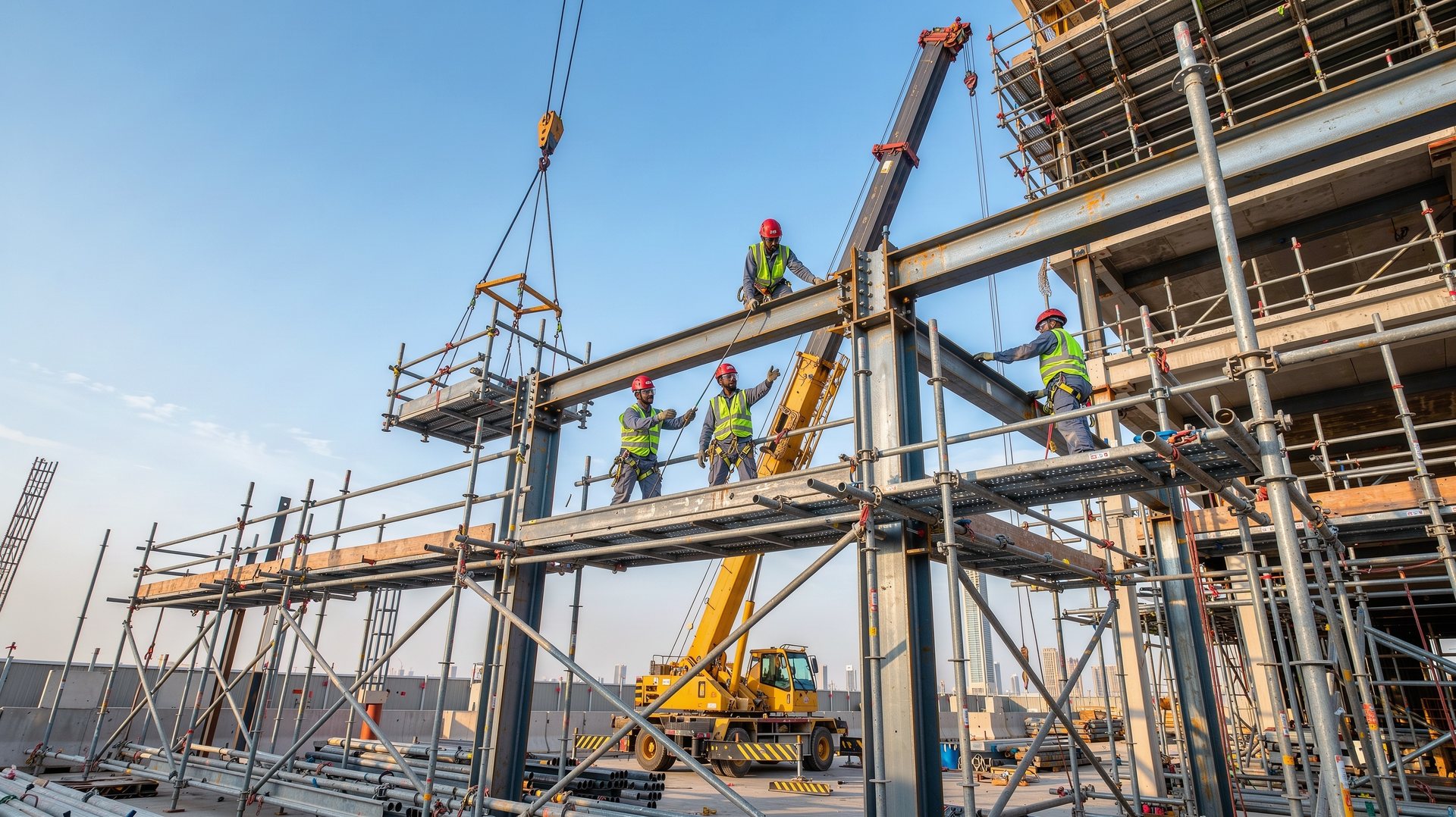 Crane lifting steel beams during metal erection contracting