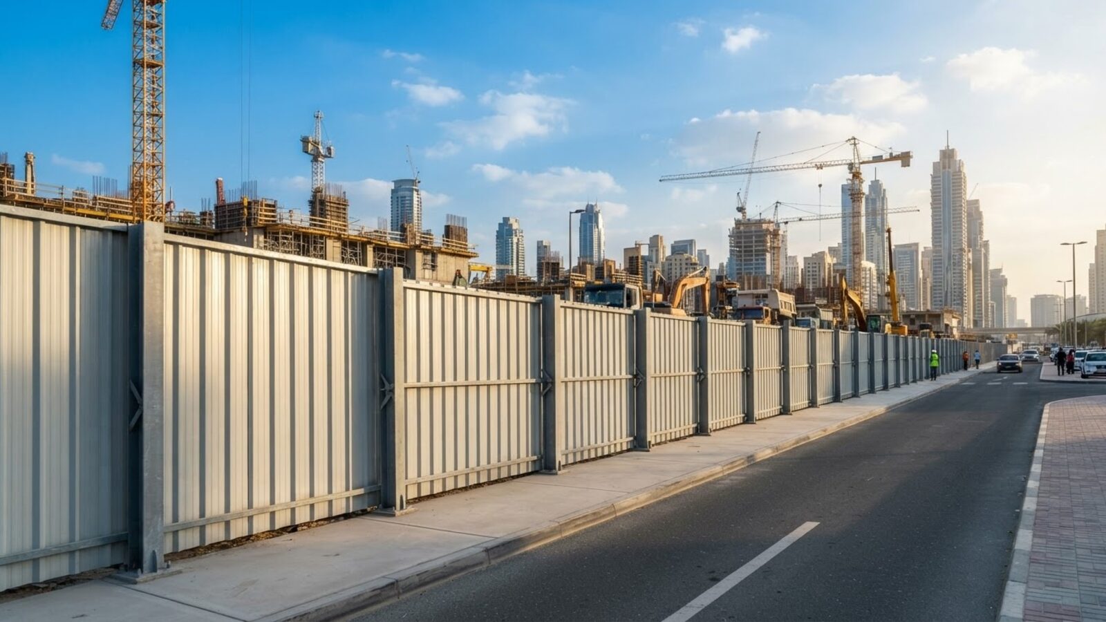 Corrugated steel hoarding fence around a construction site