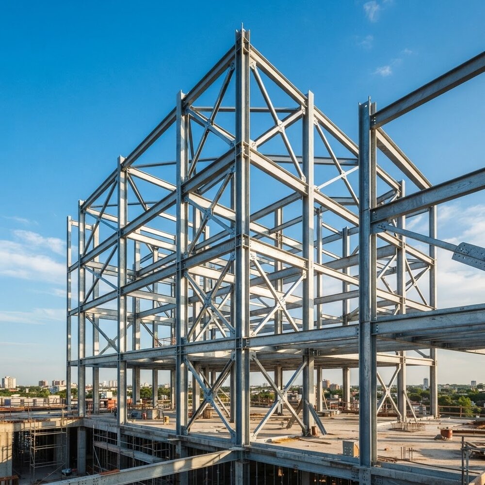 Structural steel framework and beams for construction